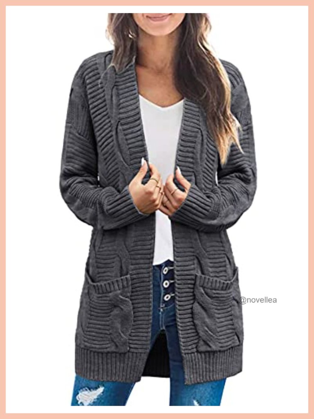 Cable Knit Open Front Cardigan Sweater Long Sleeve Loose Fit Fall